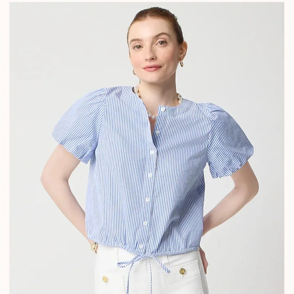 J Crew Striped puff-sleeve tie-waist top XL